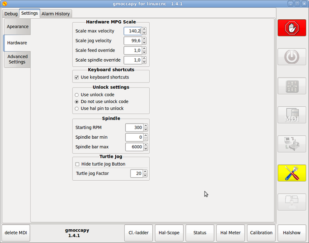 gmoccapy settings hardware